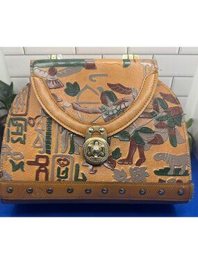 Hand-Painted Egyptian-Inspired Leather Satchel Bag With Brass Hardware & Stud Ac